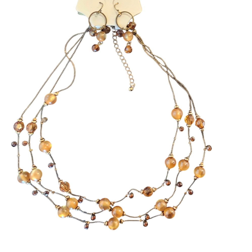 NWT - Bronzed Gold Beaded Muli-Strand Necklace Set